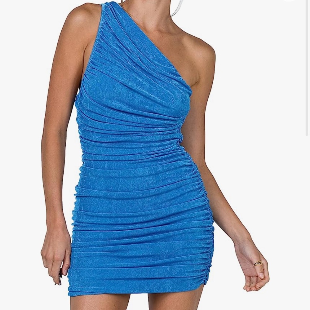 Blue one shoulder ruched dress NWOT